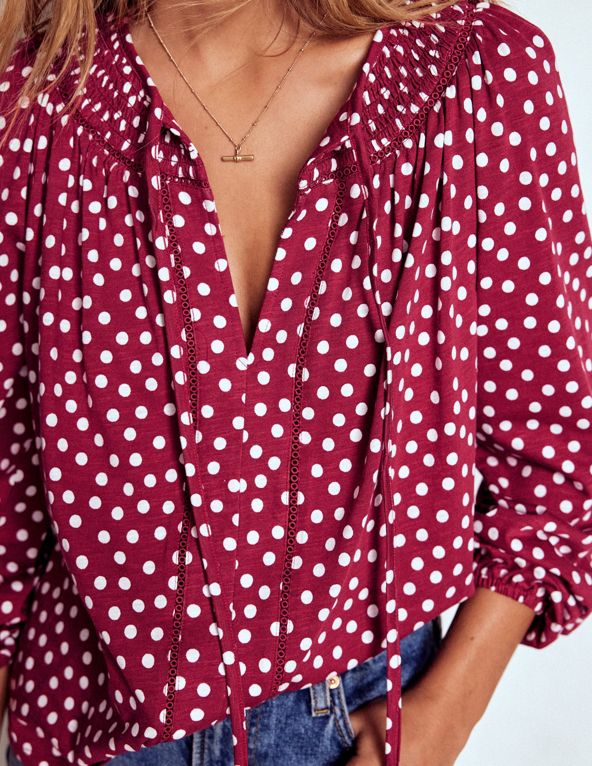 Georgia Smocked Jersey Top-Chestnut, Ivory Painted Dot-2