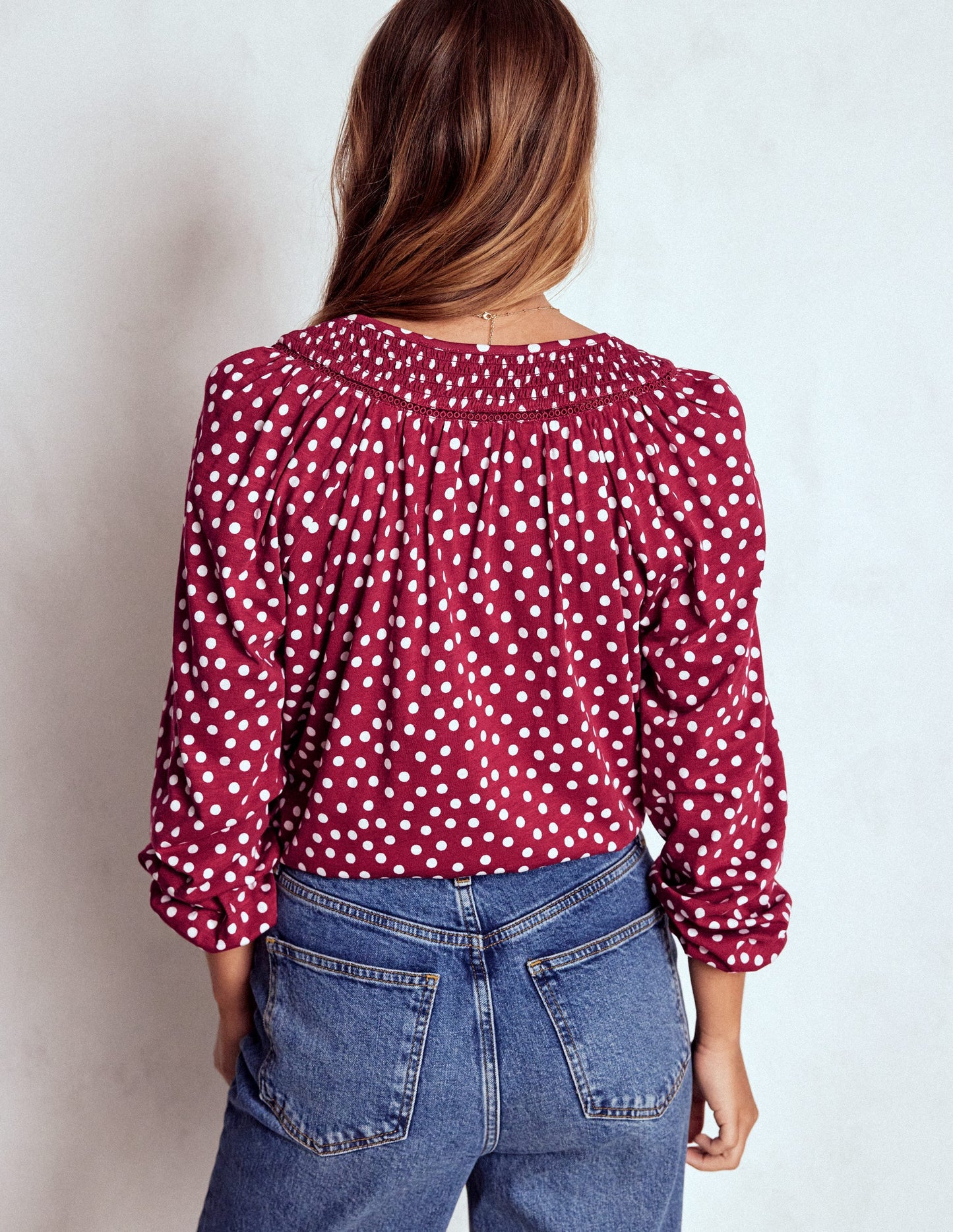 Georgia Smocked Jersey Top-Chestnut, Ivory Painted Dot