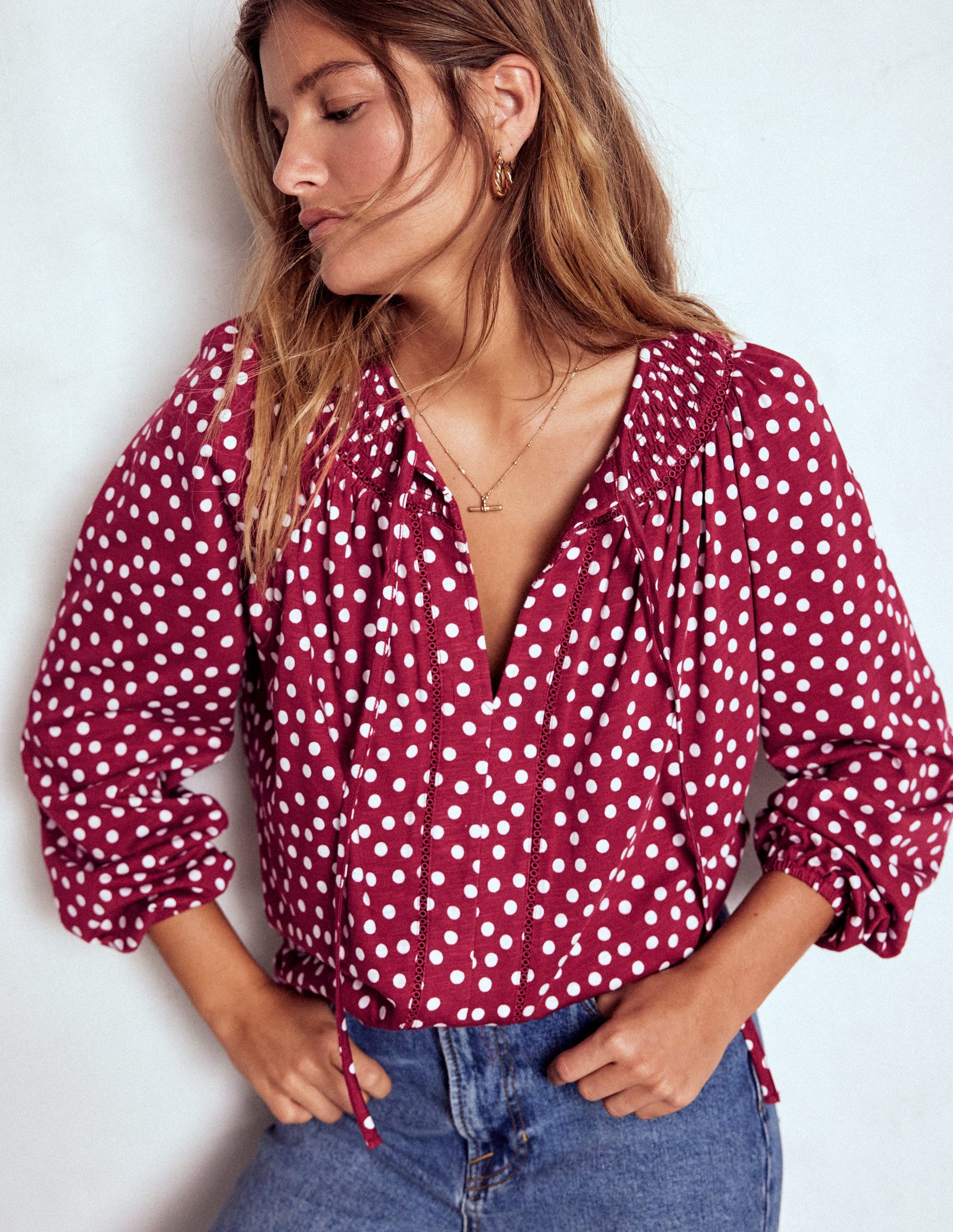 Georgia Smocked Jersey Top-Chestnut, Ivory Painted Dot-4