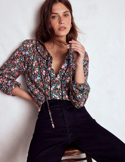 Georgia Smocked Jersey Top-Navy and Multi, Flowerbed