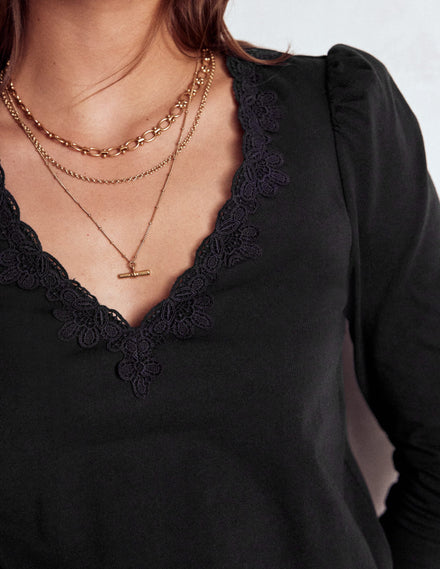 Flora Lace V-neck Top-Black
