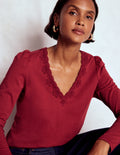 Supersoft V- Neck Trim Top-Burgundy Red