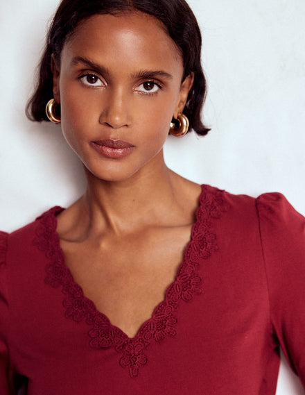 Flora Lace V-neck Top-Burgundy Red