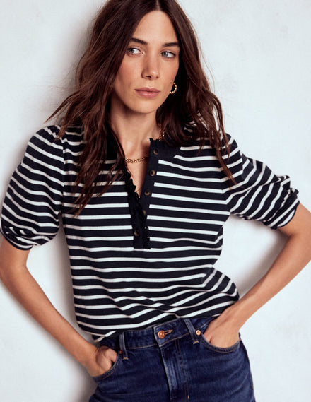 Puff Sleeve Henley-Navy, Ivory Stripe