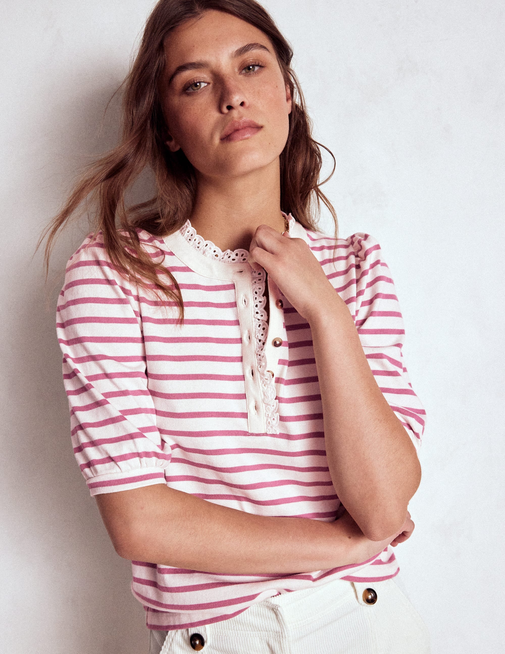 Puff Sleeve Henley-Pink Heather, Ivory Stripe - Image 1