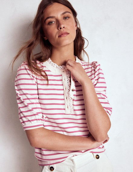 Puff Sleeve Henley-Pink Heather, Ivory Stripe