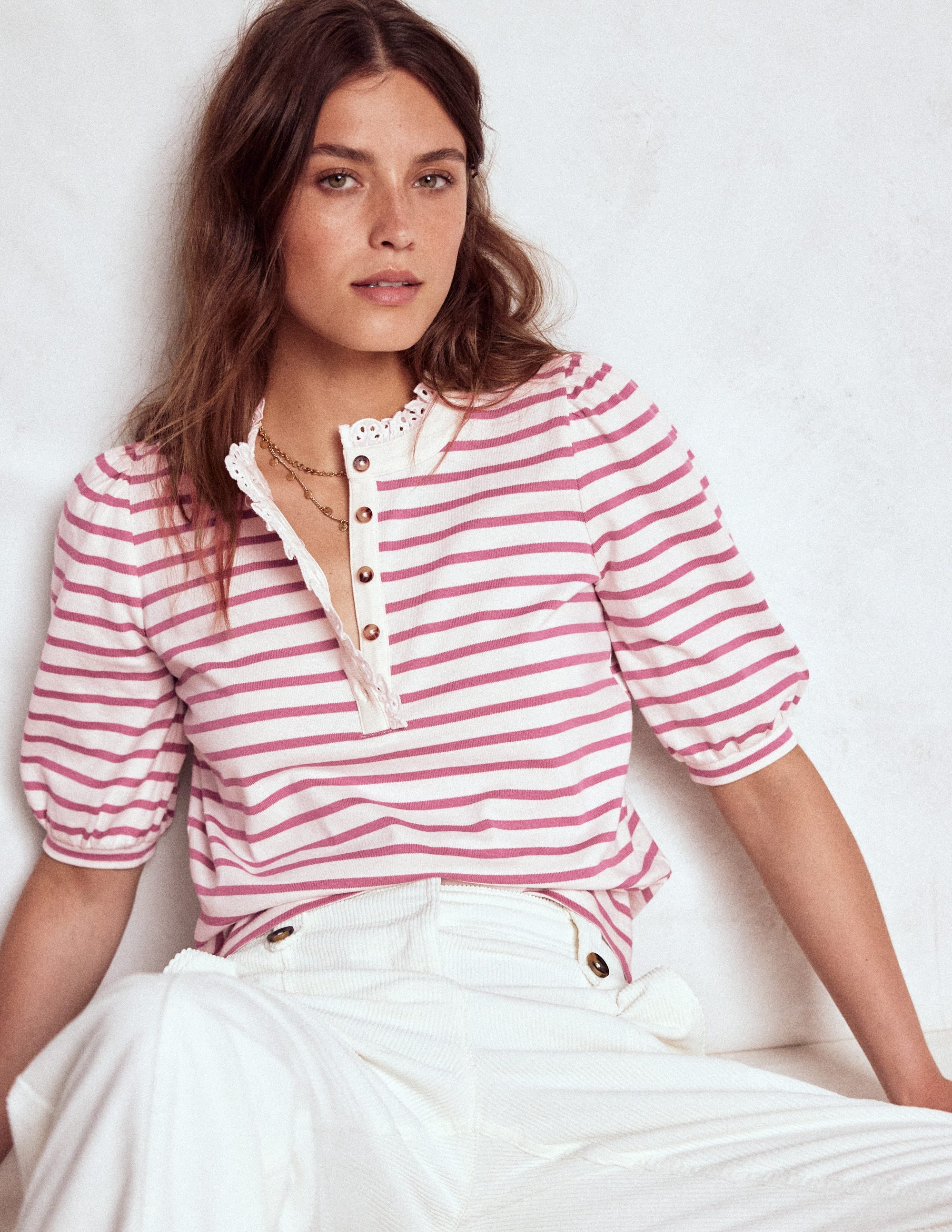 Puff Sleeve Henley-Pink Heather, Ivory Stripe - Image 4