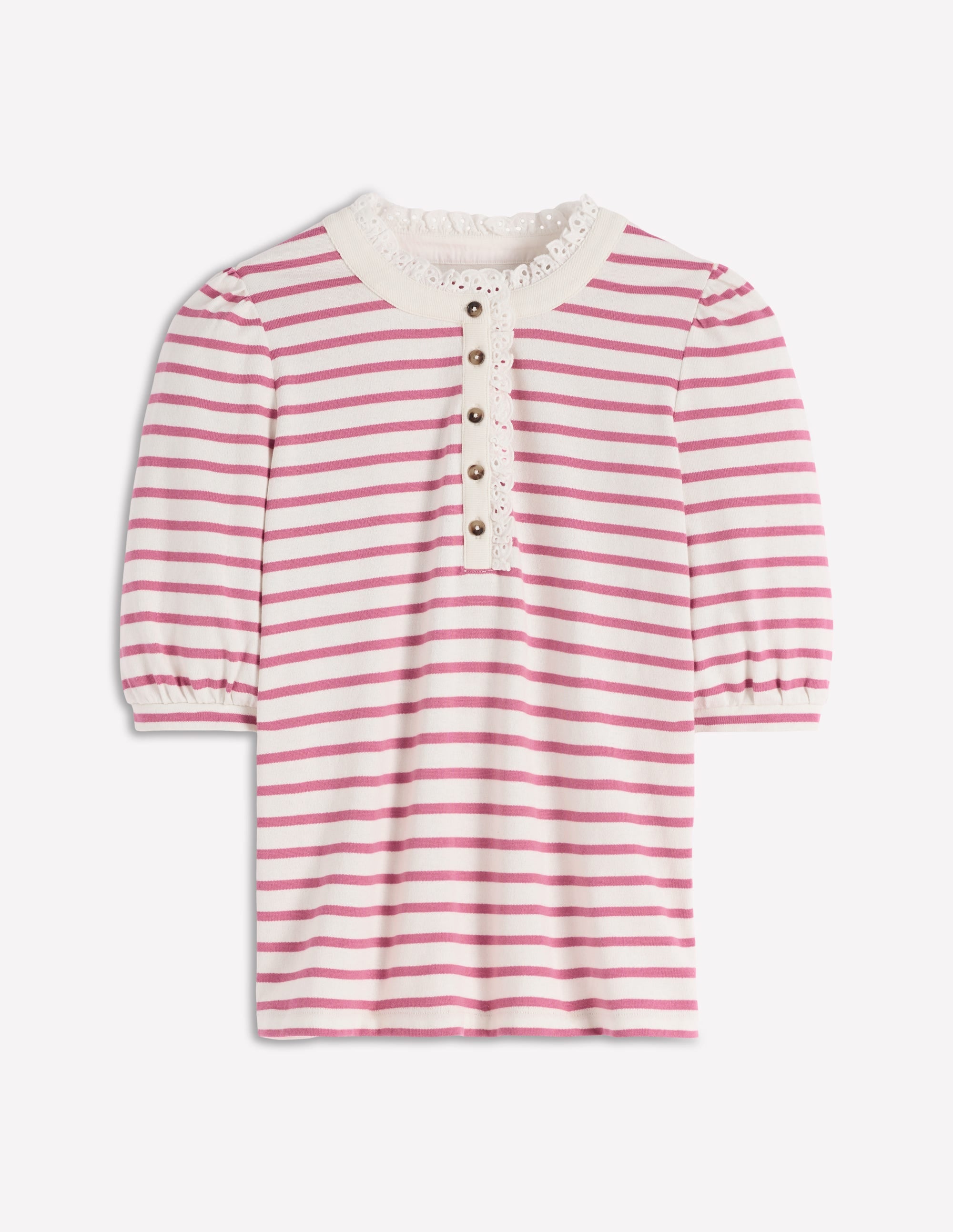 Puff Sleeve Henley-Pink Heather, Ivory Stripe - Image 7