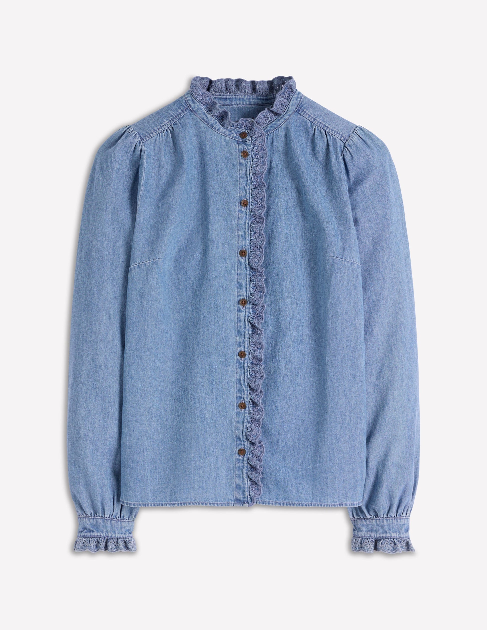 Helena Denim Ruffle Neck Top-Light Authentic-4