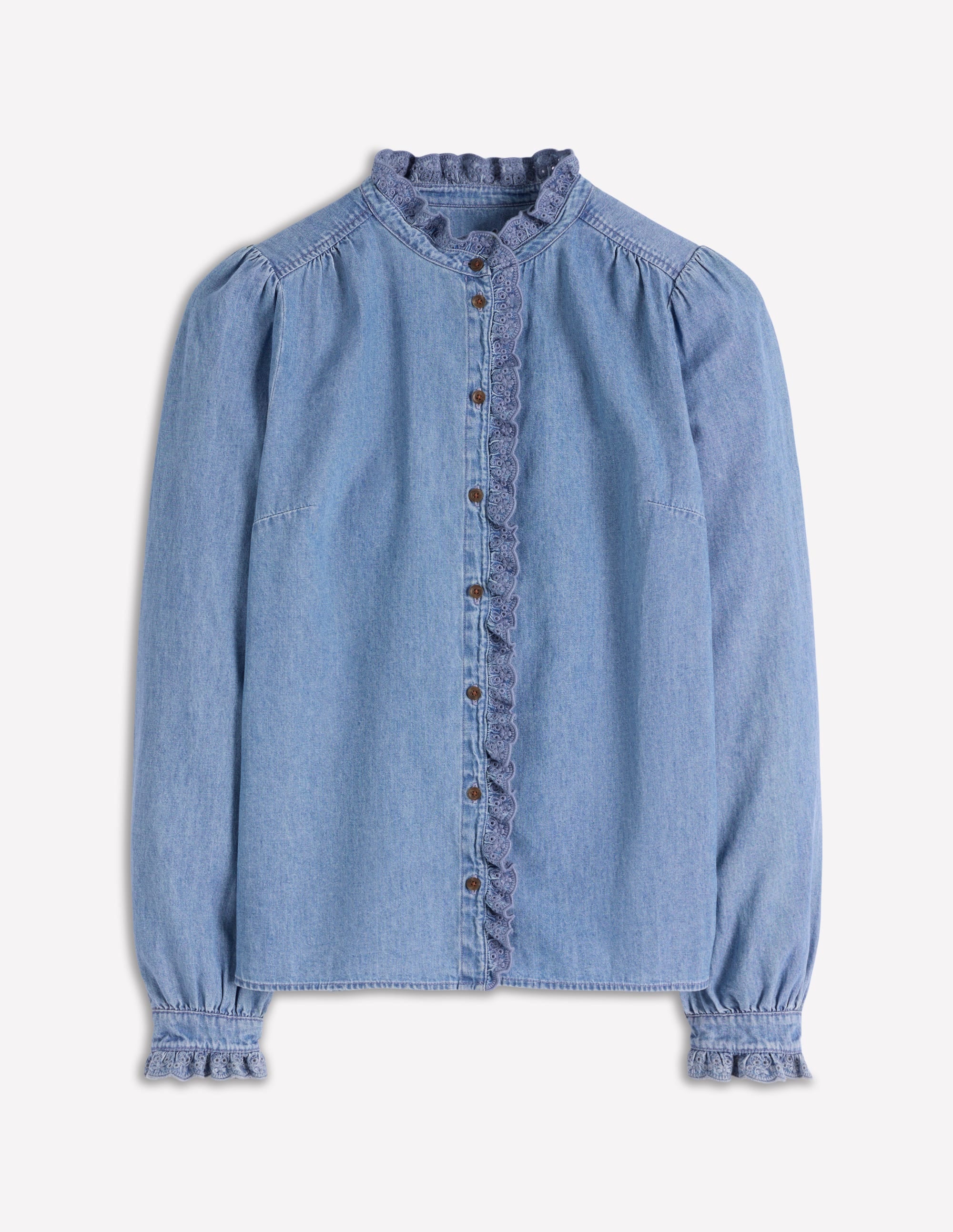 Helena Denim Ruffle Neck Top-Light Authentic - Image 4