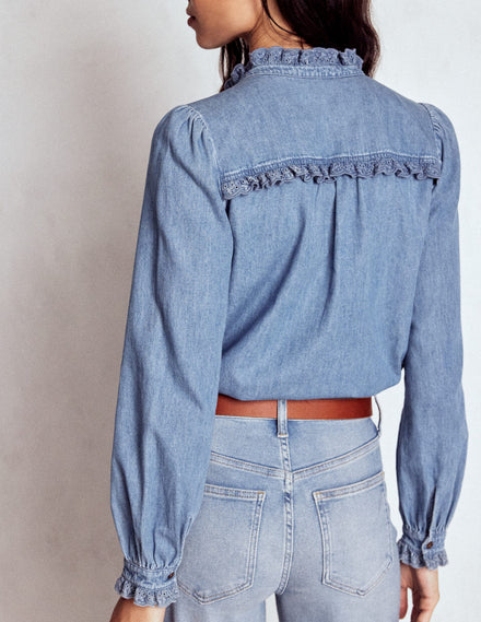 Helena Denim Ruffle Neck Top-Light Authentic