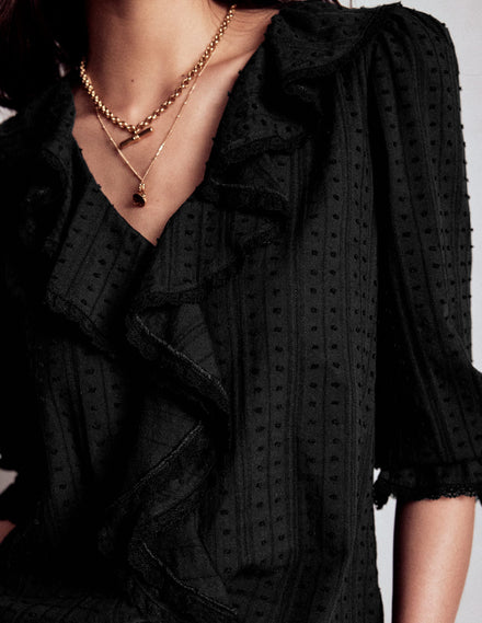 Ruffle V-Neck Blouse-Black