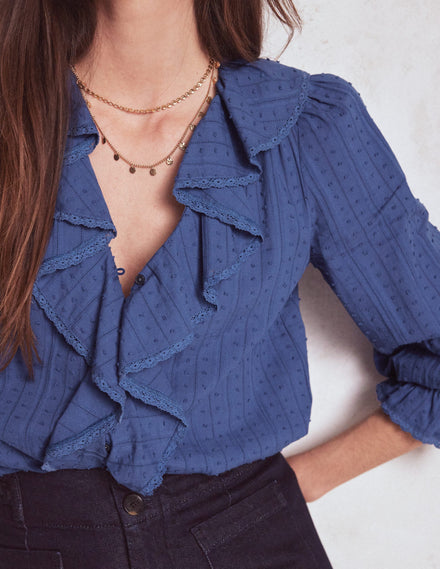 Ruffle V-Neck Blouse-Denim Blue