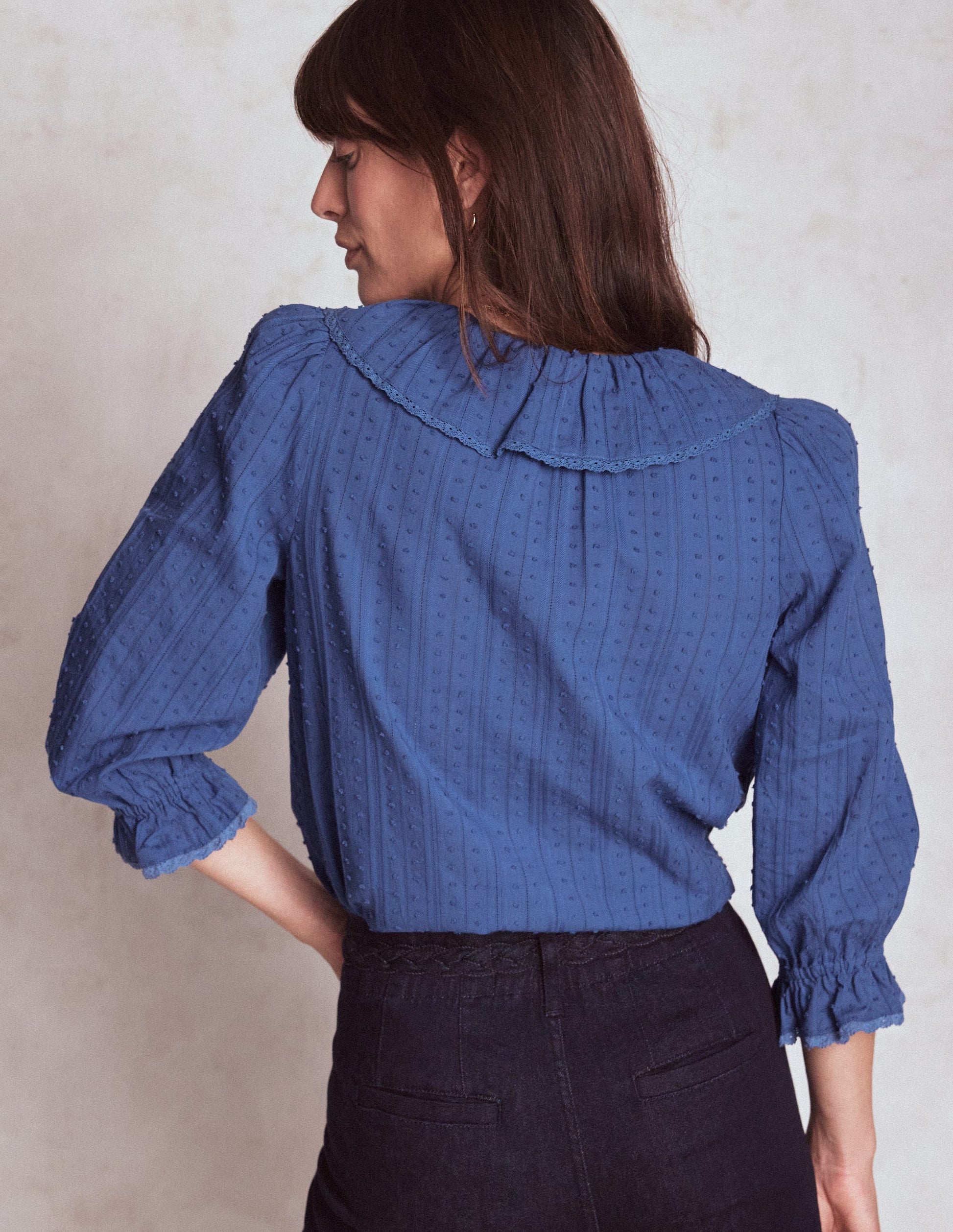 Ruffle V-Neck Blouse-Denim Blue-3