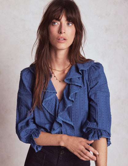 Ruffle V-Neck Blouse-Denim Blue-4
