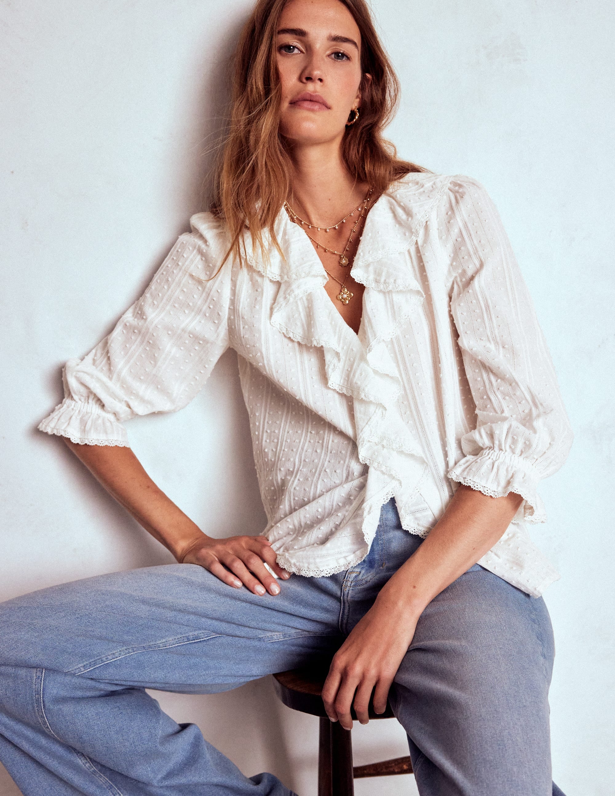 Eliza Ruffle V-Neck Blouse-White - Image 1