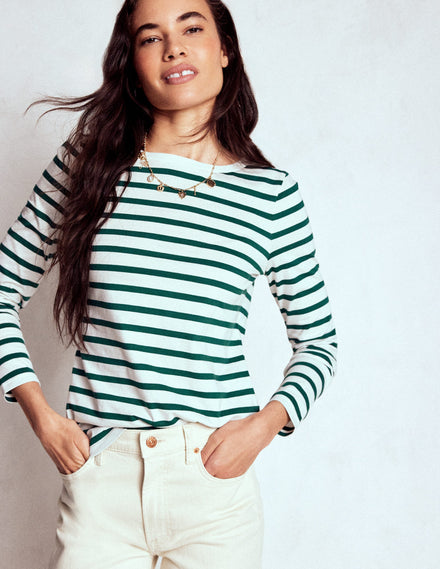 Olivia Long Sleeve Breton-Emerald Night Stripe