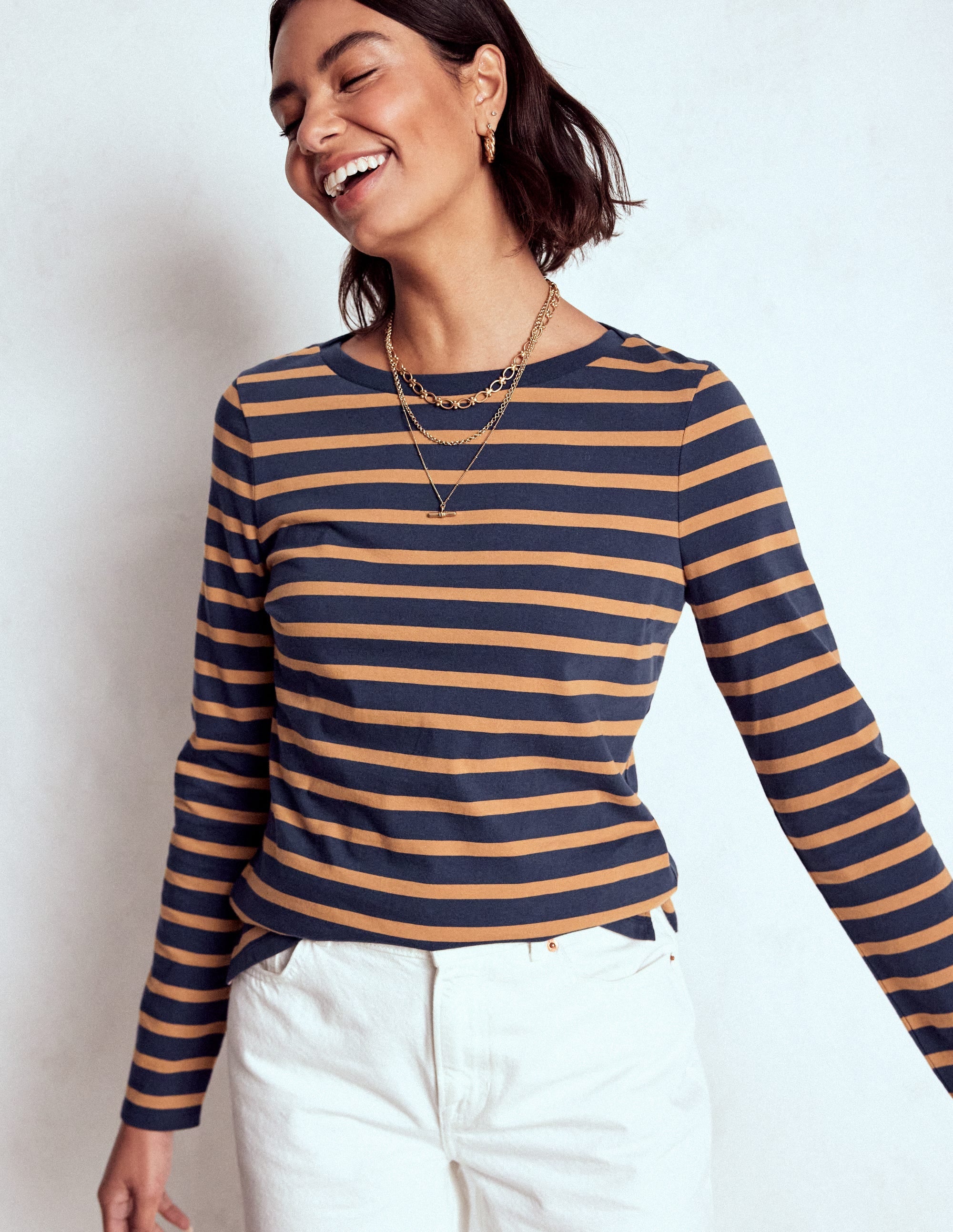 Olivia Long Sleeve Breton-Navy, Camel Stripe - Image 2