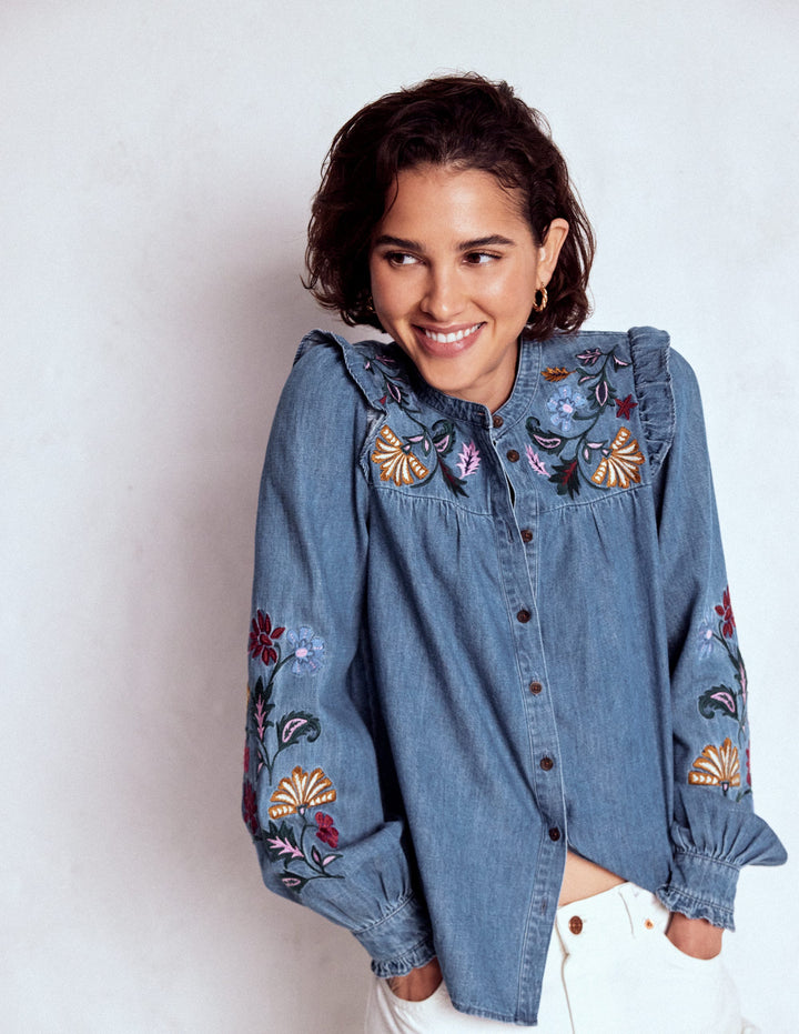 Embroidered Denim Top-Light Vintage, Embroidered