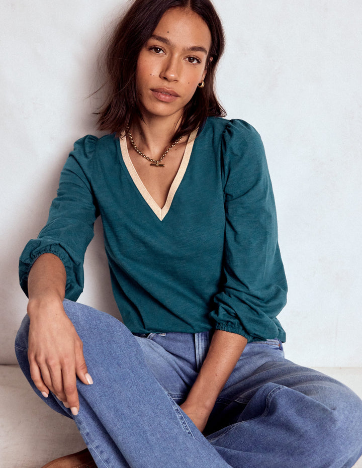 Metallic Trim V-neck Top-Midnight Teal