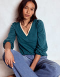 Metallic Trim V-neck Top-Midnight Teal