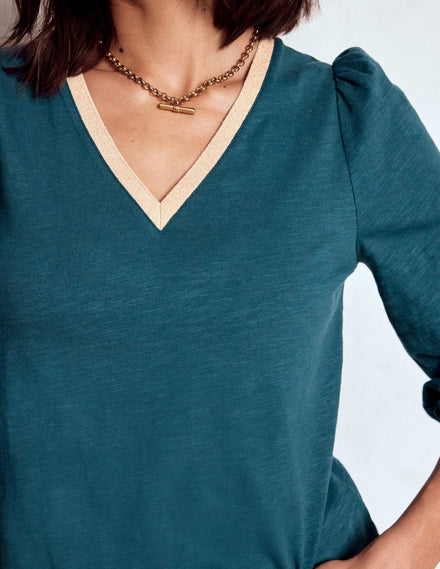 Metallic Trim Long Sleeve Top-Midnight Teal