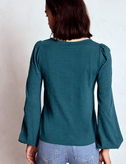 Metallic Trim Long Sleeve Top-Midnight Teal-3