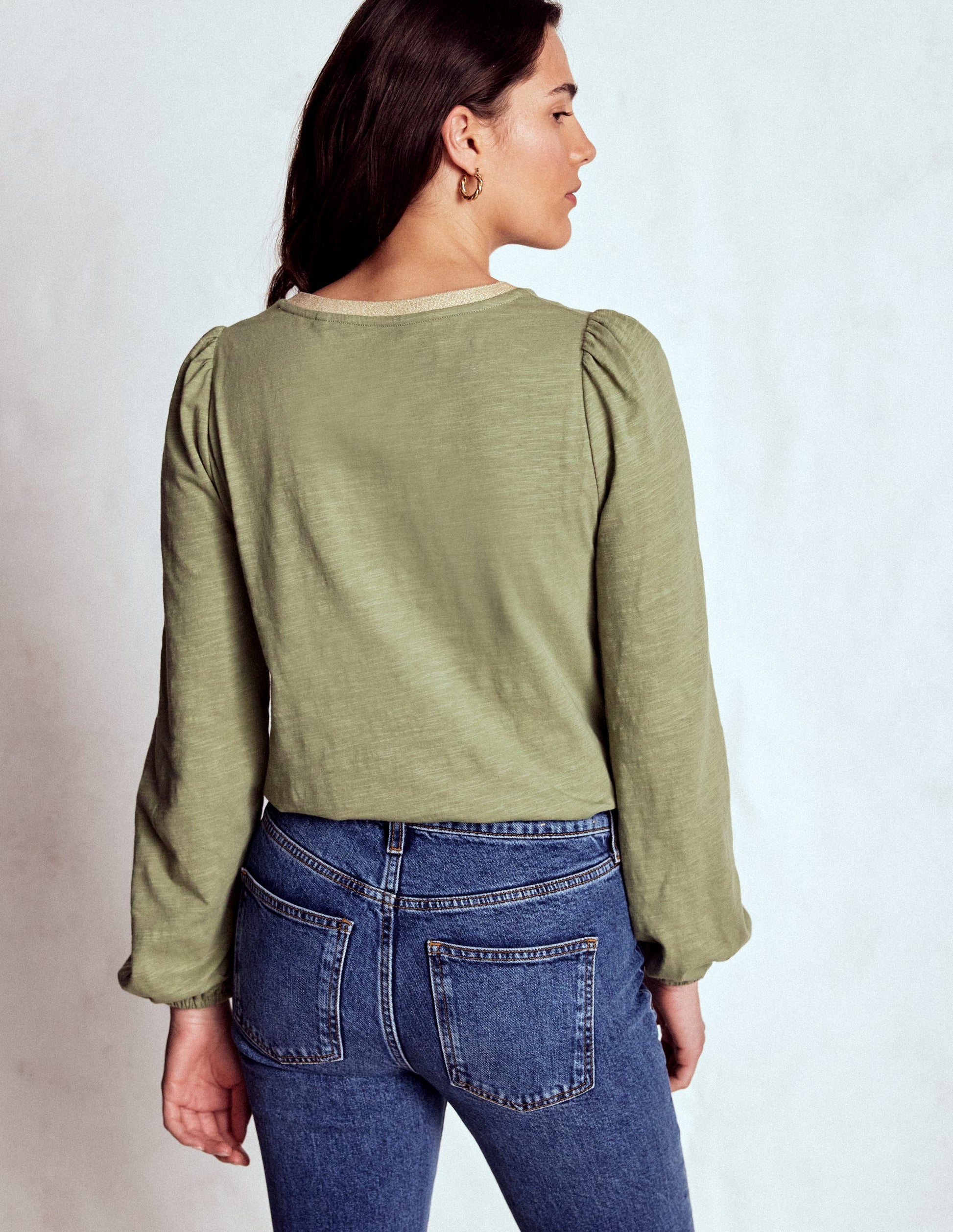 Metallic Trim Long Sleeve Top-Larch Green-3