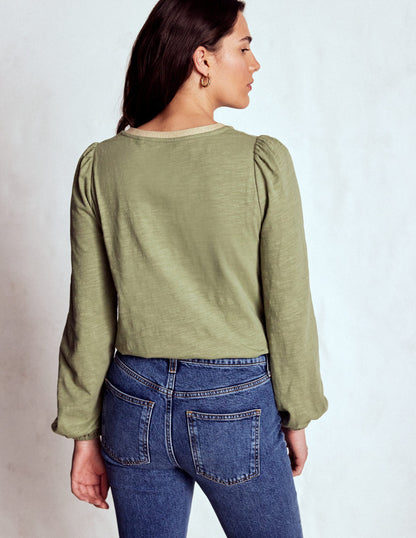 Metallic Trim Long Sleeve Top-Larch Green-3