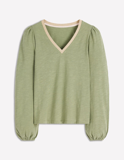 Metallic Trim Long Sleeve Top-Larch Green-5