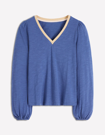 Metallic Trim Long Sleeve Top-True Navy-5