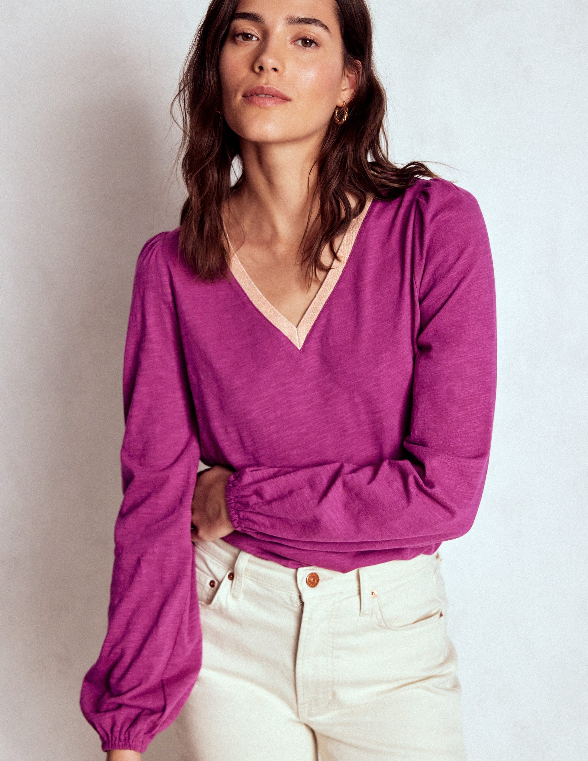 Metallic Trim Long Sleeve Top-Rich Magenta-2