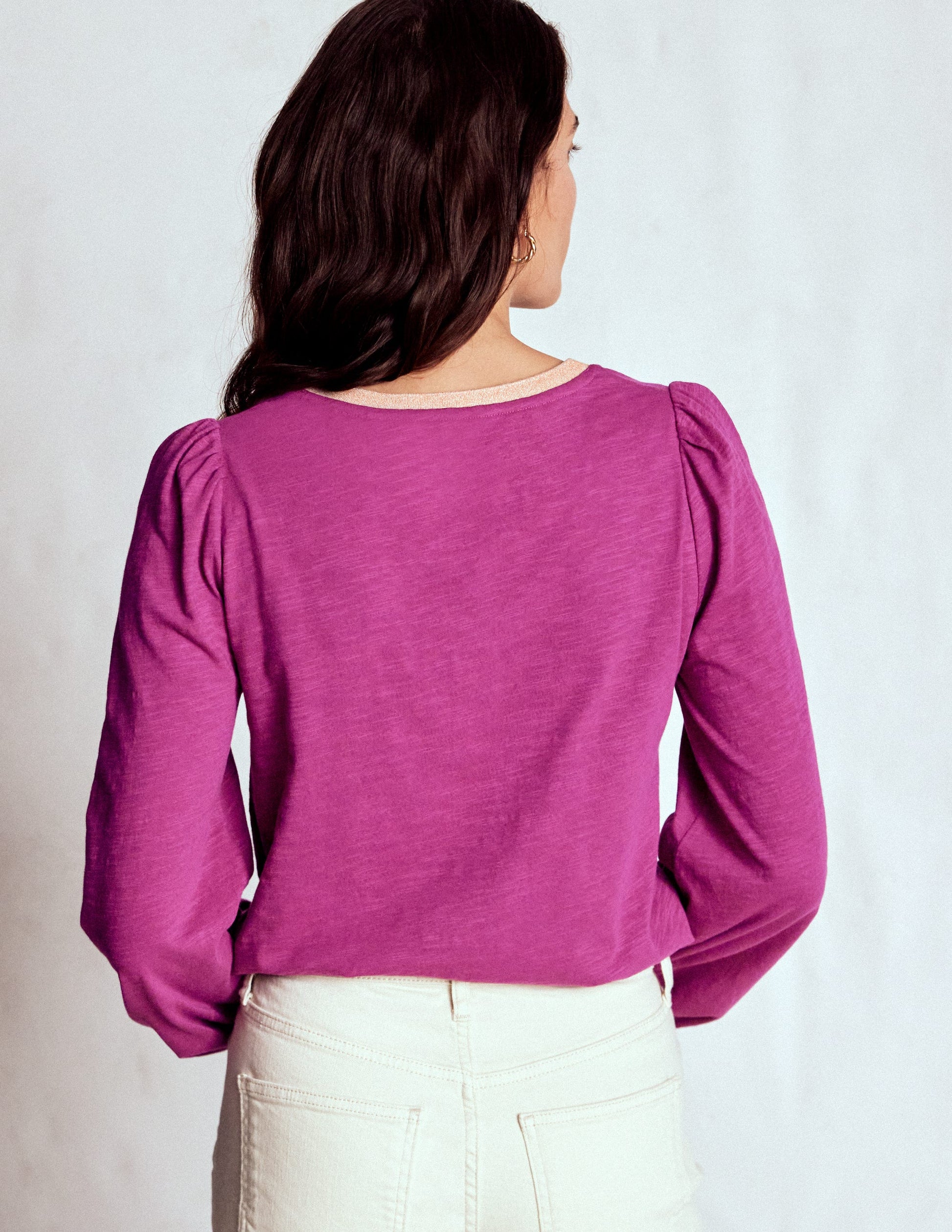 Metallic Trim Long Sleeve Top-Rich Magenta-3