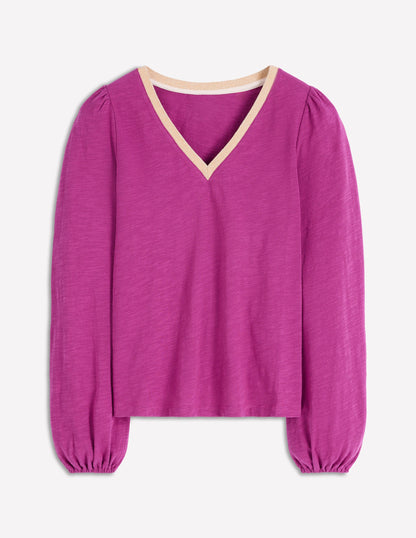 Metallic Trim Long Sleeve Top-Rich Magenta-5