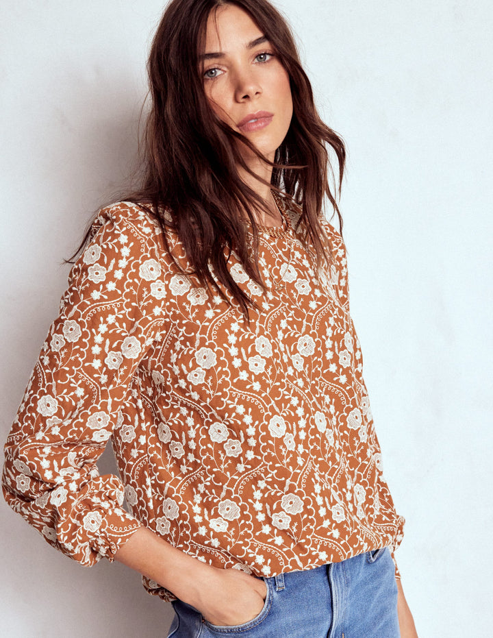 Embroidered Cotton Top-Brown