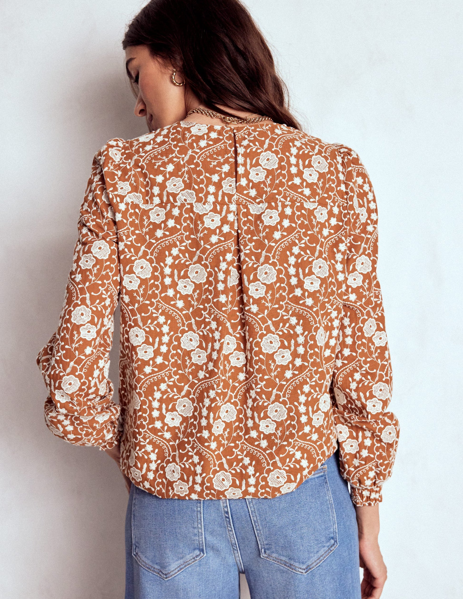 Embroidered Cotton Top-Brown-4