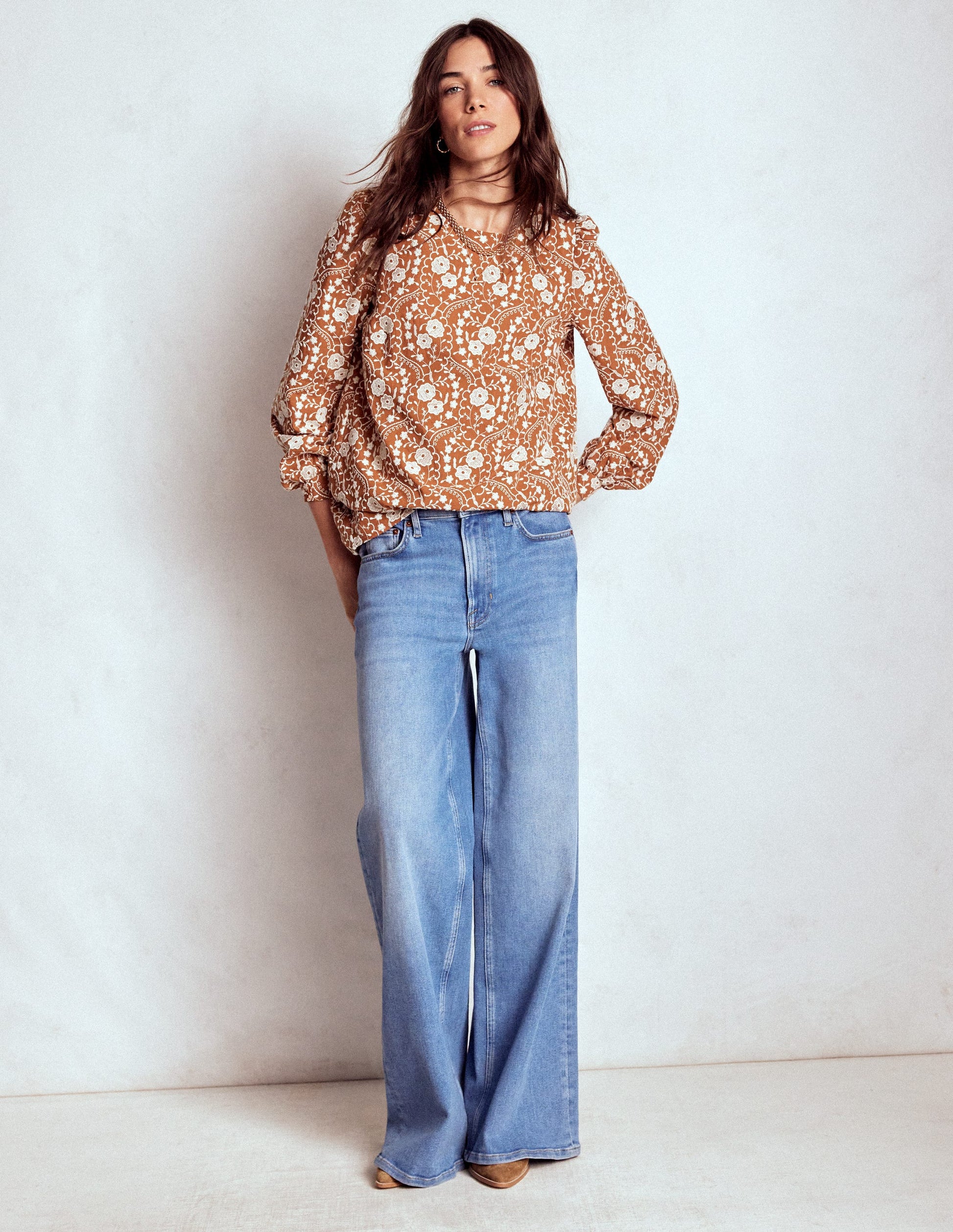 Embroidered Cotton Top-Brown-5