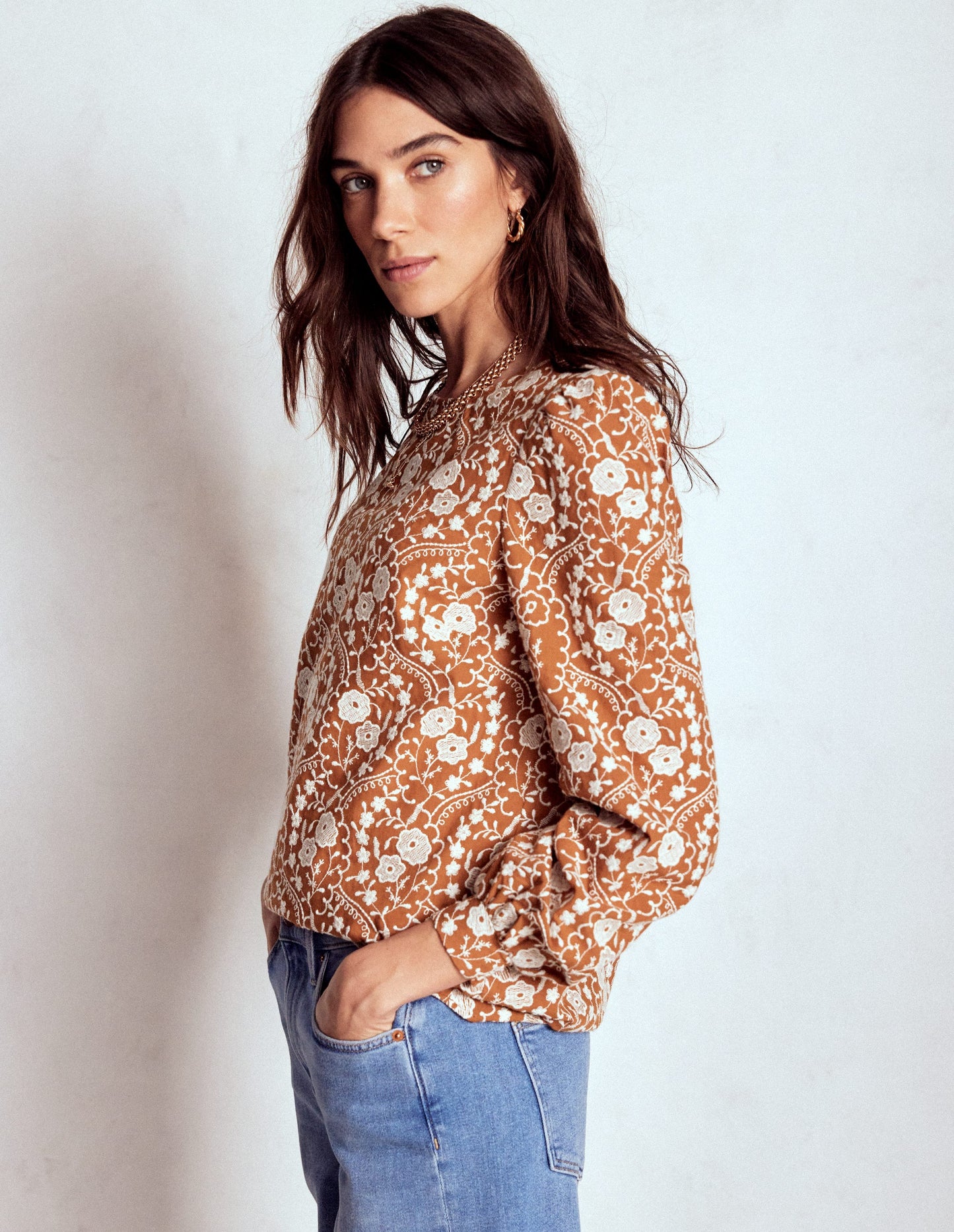 Embroidered Cotton Top-Brown