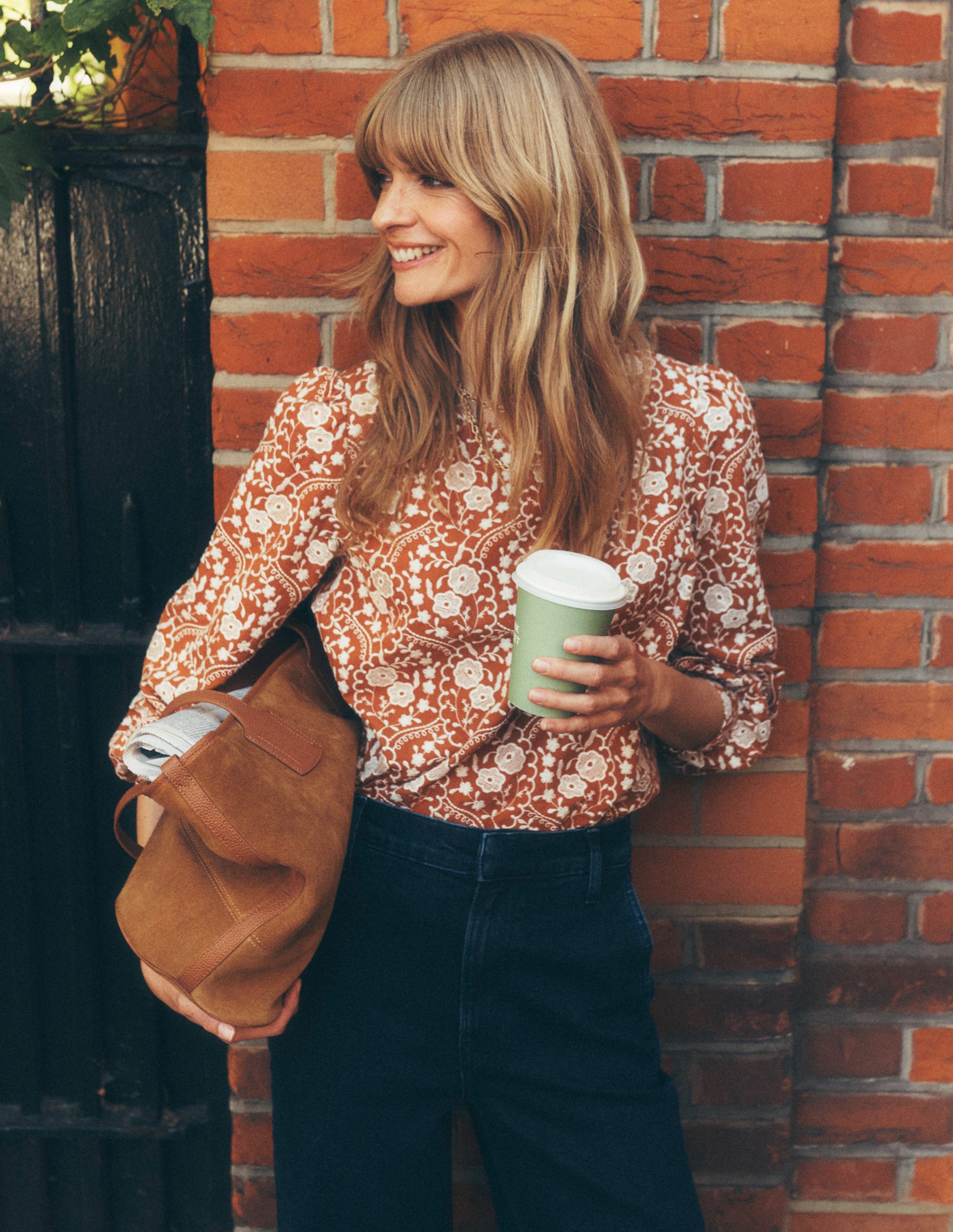 Embroidered Cotton Top-Brown-1