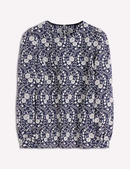 Embroidered Cotton Top-Navy-6
