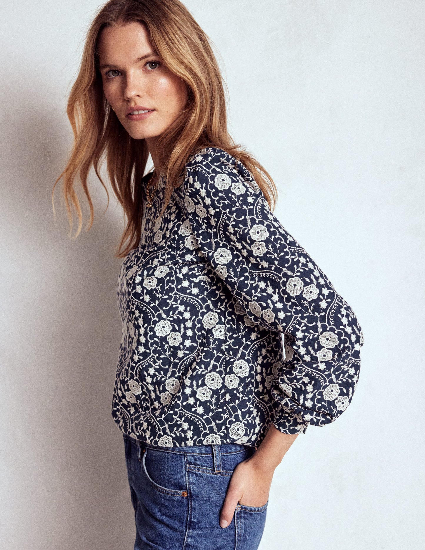Embroidered Cotton Top-Navy
