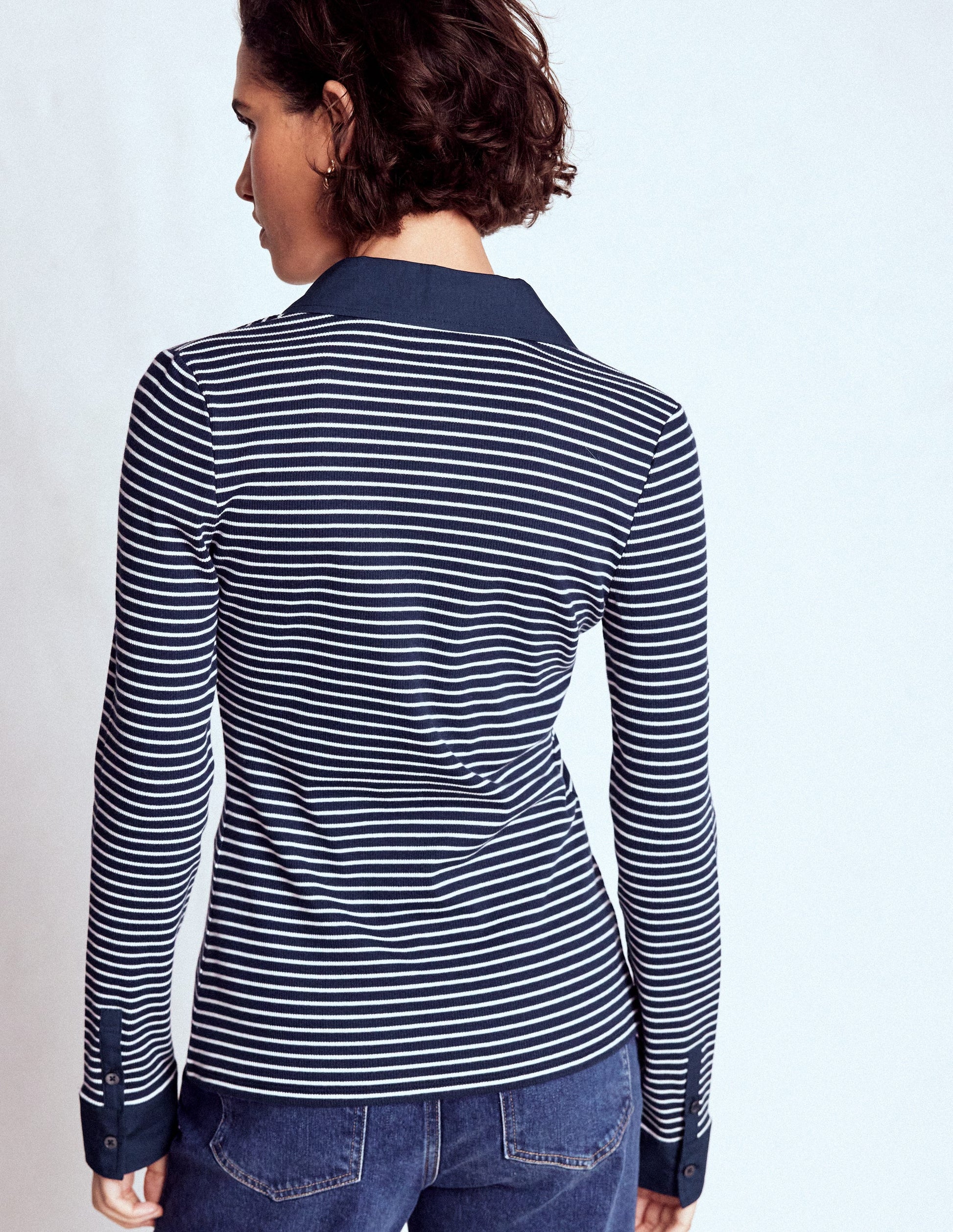 Collared Button Through Top-Navy and Ivory Stripe-3