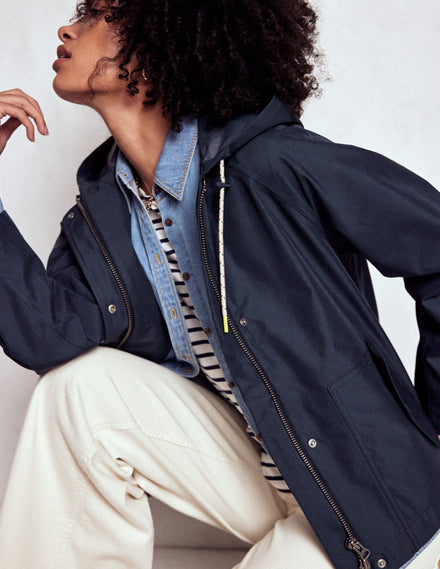 Cropped Rain Mac-Navy