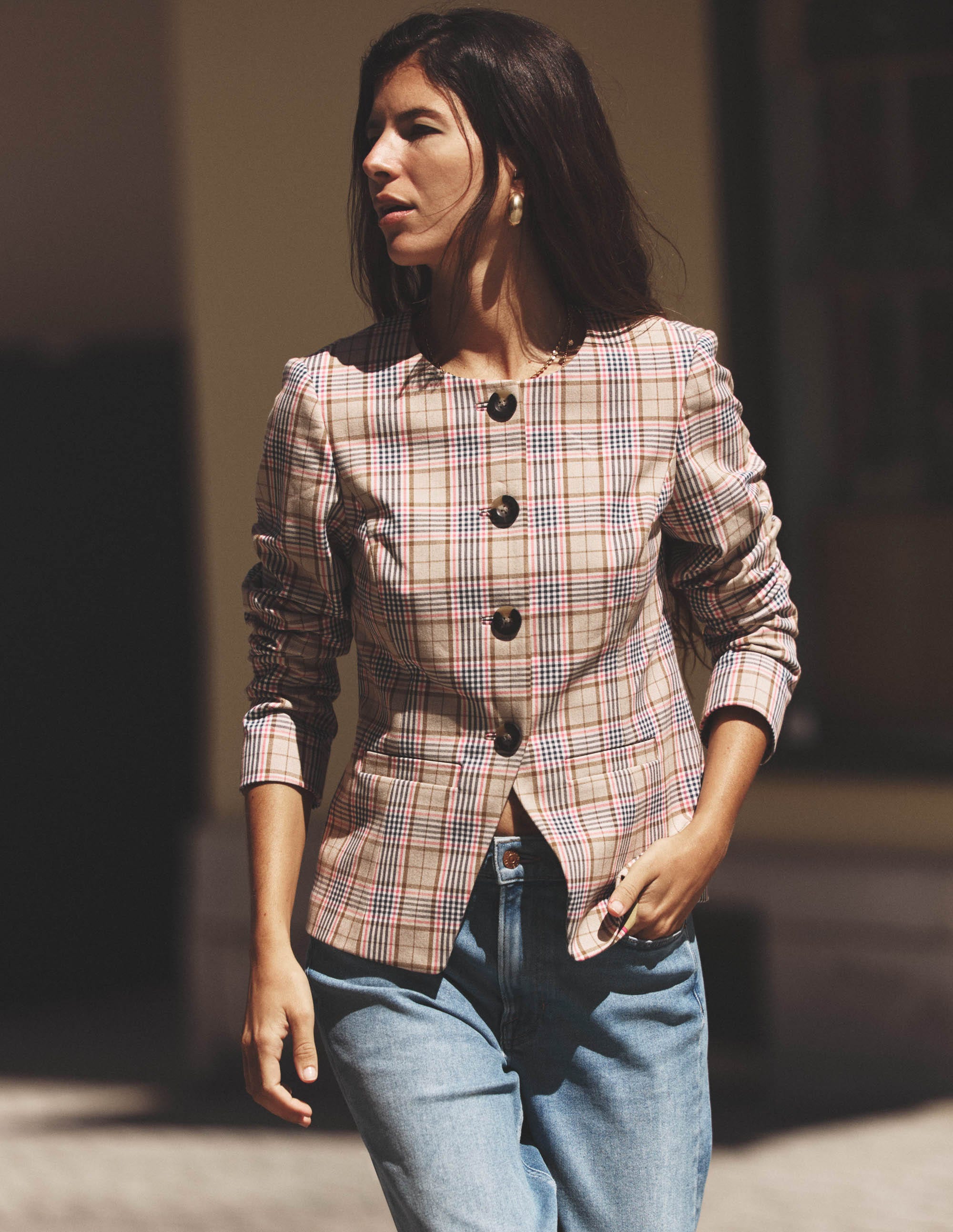 Hampstead Linen Blazer-Brown, Pink & Navy  Check - Image 6