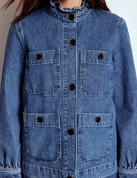 Denim Frill Collar Jacket-Mid Wash