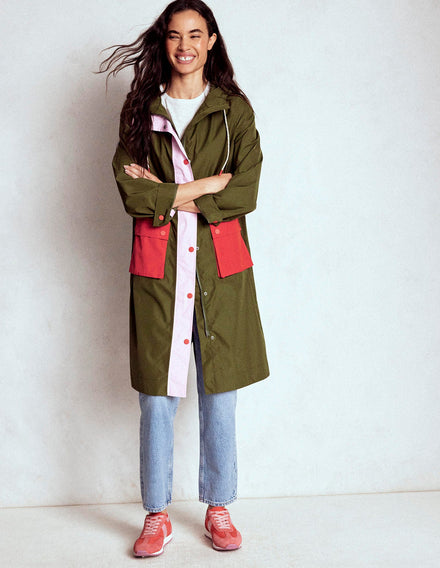 Longline Rain Mac-Khaki Colourblock