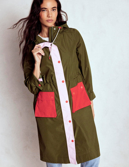 Longline Rain Mac-Khaki Colourblock