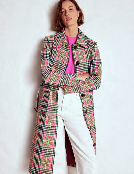 Lancaster Belted Mac-Brown, Neon Pink Check