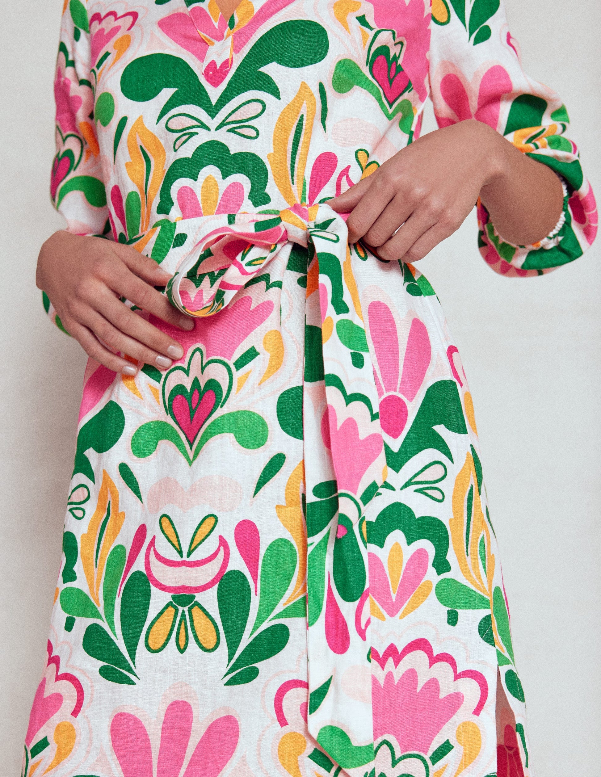 Cleo Linen Tie Waist Dress-Multi, Freesia Stamp-3