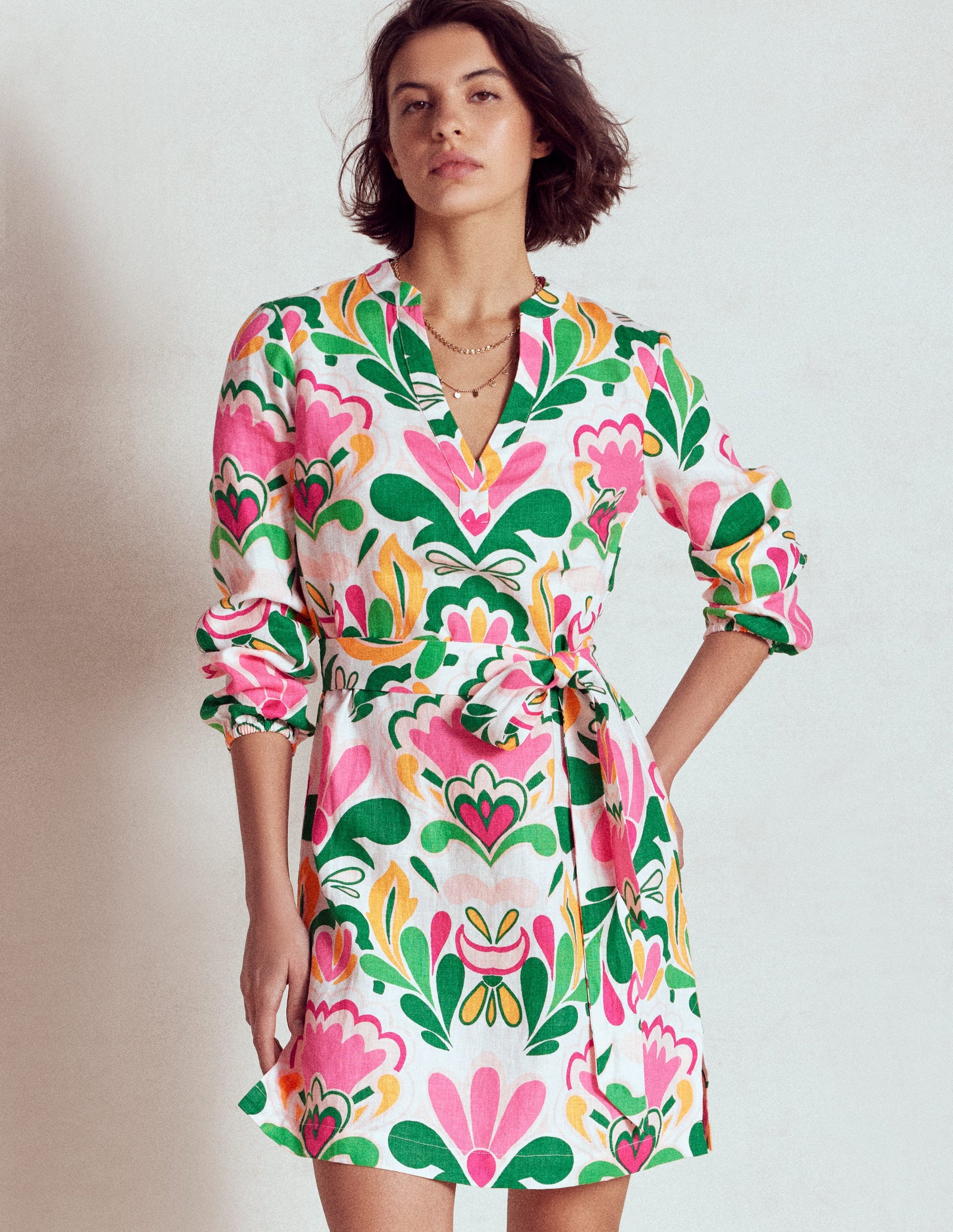 Cleo Linen Tie Waist Dress-Multi, Freesia Stamp-6